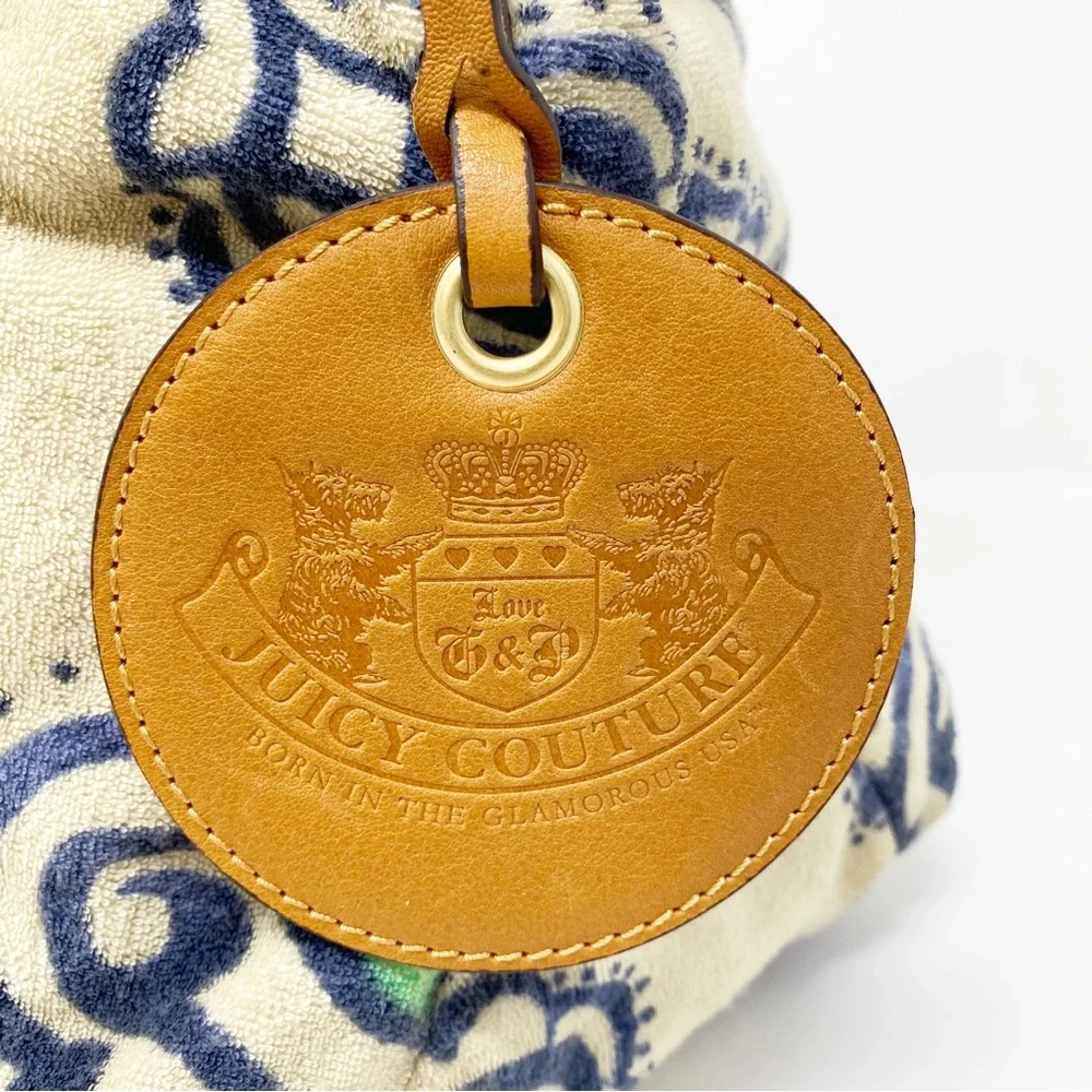 Juicy Couture Cream Patterned Terry Cloth Y2K Hobo Bag Purse with Leather Trim - Picture 3 of 8